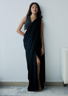 Lavanya Ahuja-Midnight Black Knot Drape Sari And Blouse-INDIASPOPUP.COM Drape Sari, Beaded Blouse, Silhouette Free, Cocktail Parties, Midnight Black, Delicate Details, Under The Stars, Sheer Fabrics, Personal Stylist