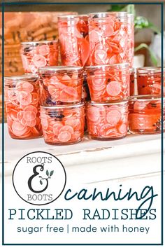 jars filled with pickled radishes sitting on a shelf