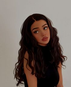 a digital painting of a woman with long dark hair wearing a black dress and posing for the camera