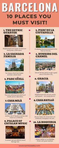 the top ten places you must visit in barcelona, spain infographical poster for tourist attractions