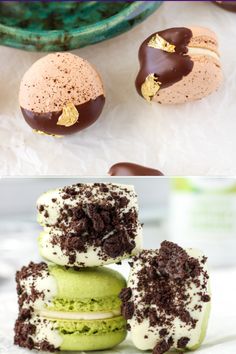 three different types of desserts with chocolate frosting on top and green macaroons in the middle