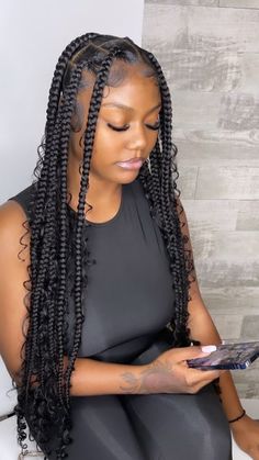 Braided hairstyles for teens Knotless Braids Hairstyles Goddess, Large Knotless Box Braids With Curly Pieces, Big Knotless Box Braids With Curls At The End, Big Goddess Knotless Braids, 2 Box Braids Hairstyles, Big Knotless Goddess Braids, Big Bohemian Box Braids, Stylish Braids For Black Women, Singles With Curls