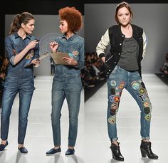 Triarchy Denim Jeans 2015-2016 Fall Autumn Winter Womens Runway Catwalk Looks - World MasterCard Fashion Week Toronto Canada - Camp Counselors Decals Patchwork Jumpsuit Emblems Bomber Varsity Jacket Leather Patches Chambray Onesie Jumpsuit Boiler Suit Coveralls Espadrilles Ankle Boots Outerwear Long Sleeve Blouse Tribal Knit Sweater Jumper Pullover Cap Scarf Leg Panels Runway Denim, Patchwork Jumpsuit, Hot Top