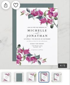 a wedding card with flowers on the front and back, is displayed in an email box