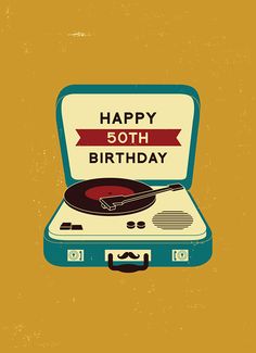 an old suitcase with a record player in it and the words happy 50th birthday on top