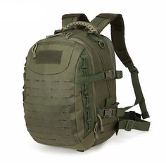 an army green backpack with straps on the front and shoulder strap down to the side