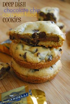 three cookies stacked on top of each other next to a bar of chocolate chip chips