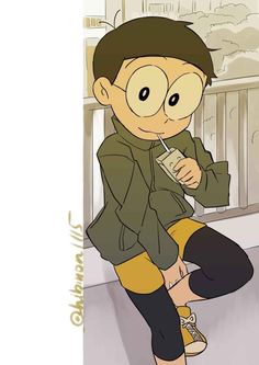 a cartoon character is drinking from a cup and sitting on the floor with his legs crossed