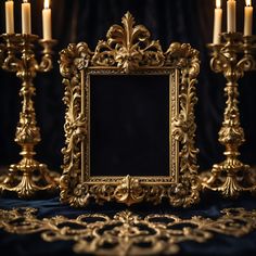 an ornate gold frame surrounded by candles