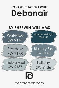 Colors that Go With Debonair SW 9139 by Sherwin Williams Lullaby Sherwin Williams, Sw Moscow Midnight, Moscow Midnight Sherwin Williams, Sherwin Williams Moscow Midnight, Sw Waterloo, Sherwin Williams Stardew, Blustery Sky