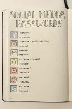 an open notebook with the words social media passwords written in different languages on it