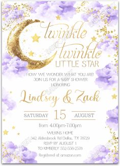 a purple and gold baby shower party with the words twinkle twinkle little star on it