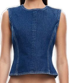 Cropped Dark Wash Stretch Tops, Dark Wash Cropped Stretch Tops, Dark Wash Stretch Cropped Tops, Fitted Sleeveless Washed Blue Top, Fitted Denim Tops In Dark Wash, Country Side, Contrast Stitch, Open Back, Blue Denim