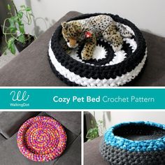 crocheted pet bed with cat and dog in it on the couch next to pot holder