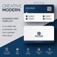 two business cards with blue and white designs on them, one has a q - shaped logo