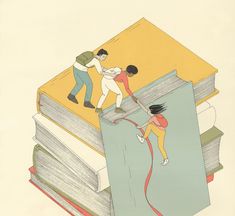 an illustration of two people climbing on top of books and one is pulling the book off