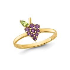 Polished crisp 14 karat yellow gold is the foundation for a stunning purple amethyst cluster grape formation 1/5 carat (ctw) supported by marquise peridot completing the look. Amethyst is the birthstone of February. 3/10 Carat (ctw) Amethyst and Peridot Grape Ring in 14K Yellow Gold Size: 7.  Gender: female.  Age Group: adult. Amethyst And Peridot, February 3, Amethyst Cluster, Purple Amethyst, Women Rings, Gender Female, Birthstone, Womens Watches, Grapes