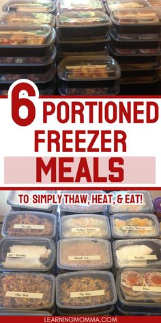 six portions of frozen meals in plastic containers with text overlay reading 6 portions freeze meals