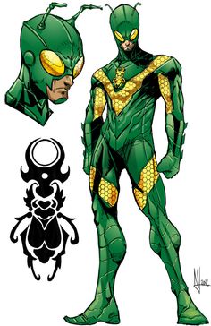 the green lantern character is standing next to a spider - man with yellow and black accents