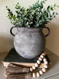 a potted plant sitting on top of a book next to a beaded necklace