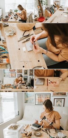 a woman sitting at a table working on some crafting supplies and making something out of wood