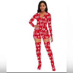 Christmas Print Ho Ho V Neck Onesie And Matching Socks Brand: Christmas Size: S Color: Red Print Type: Letters, Christmas Neckline: Round Neck Sleeve Length: Long Sleeve Sleeve Types: Normal Sleeve Length: Crop Fit Type: Slim Fabric: Light Elastic Material: Cloth Composition: 92% Polyester, 8% Elastane Nw. New Condition. Christmas Pajamas Women, Onesie Party, Christmas Nightgowns, Holiday Onesies, Pink Flannel, Christmas Onesie, Matching Socks, Red Plaid Shirt, Pink Holiday