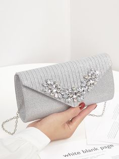 Silver Glamorous Collar  Glitter Plain Square Bag Embellished   Women Bags Envelope Handbag, Prom Purse, Glitter Bag, Expensive Bag, Embellished Bags, Elegant Bags, Bridesmaid Accessories, Luxury Purses, Fancy Bags