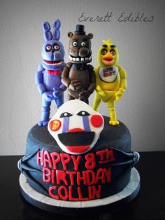 a birthday cake with five cartoon characters on it