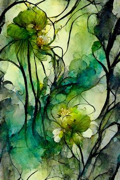 serie, sabantha, natur, wald, bäume, blumen, waldig, laubwald, glockenblumen, frühling, frühjahr, abstrakt, aquarell, wasserfarben, frühlingsfarben, nahtloses muster Green Abstract Watercolor, Abstract Forest Painting, Watercolor Flower Art, Alcohol Ink Painting, Alcohol Ink Art, In The Forest, Abstract Flowers