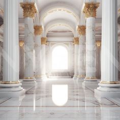 an empty room with columns and marble floors