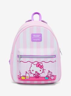 Loungefly Hello Kitty Sweets Pink Stripe Mini Backpack, Hello Kitty Sweets, Rose Gold Handles, Hello Kitty Rhinestone, Nightmare Before Christmas Gifts, Funky Purses, Loungefly Hello Kitty, Cute Mini Backpacks, Kawaii Bag, Marvel Gifts