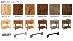 the different types of wood furniture are shown in this image, including nightstands and end tables