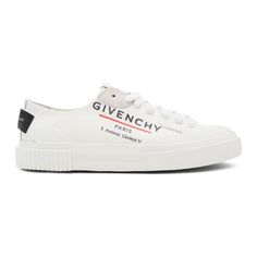 Givenchy: Off-White 'Givenchy Paris' Tennis Sneakers | SSENSE White Low-top Custom Sneakers With Logo-print Tongue, White Leather Skate Shoes With Logo-print Tongue, Modern White High-top Sneakers With Logo-print Tongue, Modern White Sneakers With Logo-print Tongue, White Low-top Skate Shoes With Logo-print Tongue, Logo Print Canvas Sneakers With Round Toe, Canvas Sneakers With Logo Print And Round Toe, Canvas Sneakers With Embroidered Logo For Streetwear, Canvas High-top Lace-up Sneakers With Logo Print