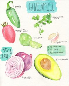 a drawing of different types of vegetables on a white paper with the words guacamole written below it