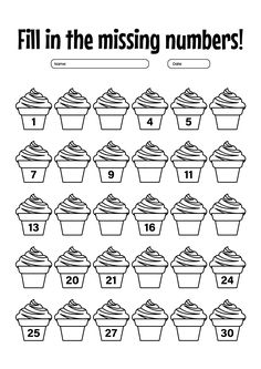 the missing numbers for cupcakes worksheet is shown in black and white