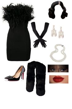 a woman's black outfit with accessories and shoes