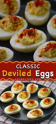 deviled eggs on a plate with the title classic deviled eggs overlaying them