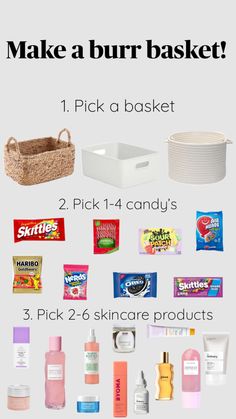 the contents of a basket are shown in this graphic above it is an image of various items