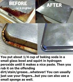 there are four pictures showing how to make a baking dish in a metal pan and then put it on the stove