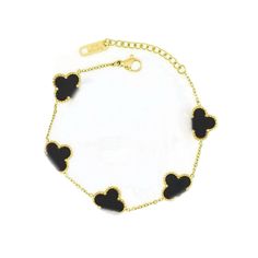 PRICES MAY VARY. 🌟 Adjustable Fit: Measuring 6.5 inches with a 2-inch extension, this bracelet offers a customizable fit, ideal for various wrist sizes. 🌟 Elegant Design: Gold-toned with black four-leaf clover accent, it's a stylish and versatile accessory for any occasion, adding a fashionable and distinctive touch to any outfit. 🌟 Durable Material: Made from titanium steel with 14k gold plating, it's durable, stainless, waterproof, and retains its gold color over time. 🌟 Hypoallergenic Com Black Charm Bracelet With Adjustable Chain, Black Adjustable Chain Bracelet, Black Enamel Bangle Jewelry As Gift, Black Enamel Bangle Jewelry Gift, Black Enamel Bracelet Jewelry Gift, Trendy Black Bracelet Jewelry, Gift Black Enamel Bracelet Jewelry, Luxury Black Enamel Bracelet As Gift, Black Adjustable Chain Bracelet Gift