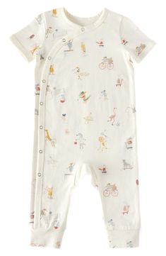 Animals indulge in all kinds of activities across an organic-cotton romper that's soft, comfortable and made with snaps for easy changes. Front snap closure 100% organic cotton Machine wash, tumble dry Imported Playful Cotton Onesie For Sleep, White Cotton Bubble Romper For Loungewear, Playful Cotton Jumpsuits And Rompers For Playtime, Playful Organic Cotton Onesie For Playtime, Cotton Summer Sleep Jumpsuits And Rompers, Organic Cotton Short Sleeve Onesie For Playwear, Organic Cotton Playwear Onesie, Cream Cotton Onesie For Playtime, Printed Cotton Onesie For Playwear