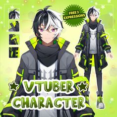 an anime character with white hair and green eyes, wearing a black outfit that reads vituber character