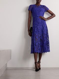 Self-Portrait's midi dress is made from guipure lace in a bold indigo shade - the ornate fabric is a signature throughout the label's romantic collections. Designed for a figure-skimming fit, it's underpinned with tonal crepe for coverage and has a slim belt to cinch the shape. Elegant Blue Midi Dress With Scalloped Lace, Elegant Midi-length Crochet Dress With Scalloped Lace, Elegant Crochet Midi Dress With Scalloped Lace, Blue Lace Midi Dress With Scalloped Lace, Chic Blue Scalloped Lace Dress, Elegant Blue Crochet Dress For Summer, Elegant Blue Lace Crochet Dress, Blue Lace Midi Dress For Evening, Elegant Blue Dress With Scalloped Lace