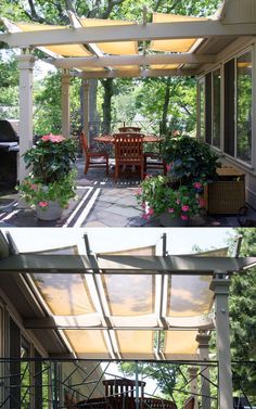 two pictures of a patio covered in shade and flowers on the ground, with one showing an outdoor dining area