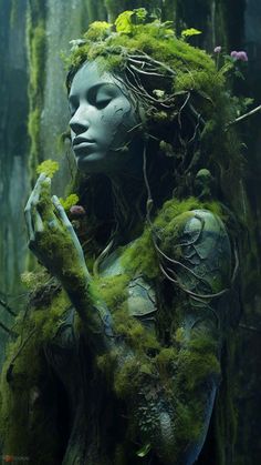 a woman with green hair and moss growing on her body in the woods, holding her hands to her chest