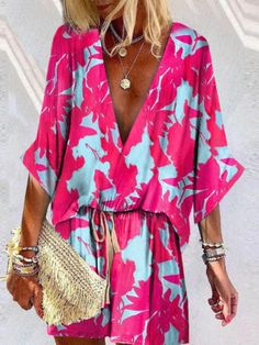 Vintage Print Loose Two Piece Suits Summer Casual V-neck Pullover Tops & Drawstring Lace-up Shorts Sets Women 3/4 Sleeve Outfits Two-piece V-neck Beach Set, Summer Two-piece V-neck Set, V-neck Sets For Spring Brunch, Spring Brunch V-neck Sets, V-neck Floral Print Beach Sets, Pink V-neck Sets For Vacation, Summer Vacation Sets With V-neck, Summer Sets With 3/4 Sleeve, Multicolor V-neck Beachwear Sets