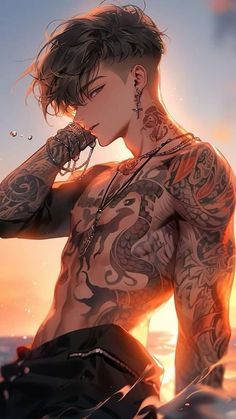 a man with tattoos on his chest and arm is sitting in the water at sunset