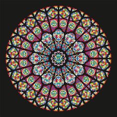 a colorful stained glass window in the shape of a flower on a black background with an intricate design