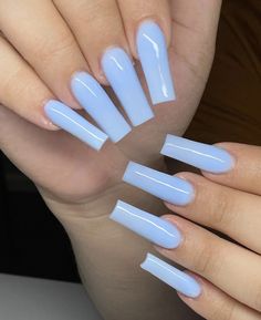 Blue Gel Acrylic Nails Coffin, Long Basic Nails Acrylic, Long Nail Color Ideas, Cute Basic Blue Nails, Solid Color Long Nails, Solid Color Square Acrylic Nails, Milky Blue Nails Acrylic, Long Basic Acrylic Nails, One Colour Acrylic Nails