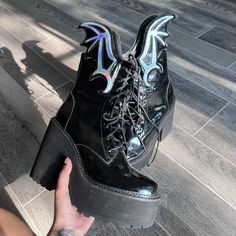 Worn A Few Time, Size 8, Still In Really Good Condition Sold Out Online Killstar Rave To The Grave Boots Got Ya Swoopin' In Hott. You're The Kween Of The Night In These Glossy Vegan Leather Boots With Chunky Af Platforms, Statement Holographic Bat Wings, And Adjustable Lace Up N' Back Zip Closures. Black Man-Made Materials 4.5" Heel 2" Platform Vegan Leather Boots, Black Man, Bat Wings, Night In, Black Men, Leather Boots, Vegan Leather, Bat, Lace Up